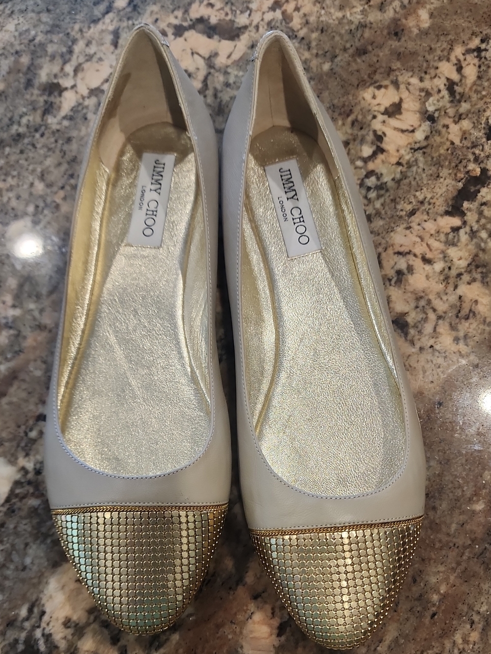 Jimmy Choo Cream Ballet Flats with Gold Mesh Cap Toe